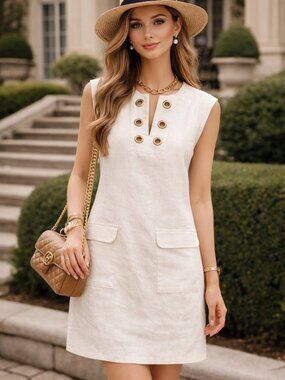 J.Crew 100% Linen White Shift Dress Gold Grommet Detail Size 4 Summer